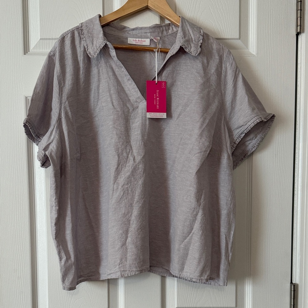 Isaac Mizrahi Light Lavender Button-Down Short Sleeve Top